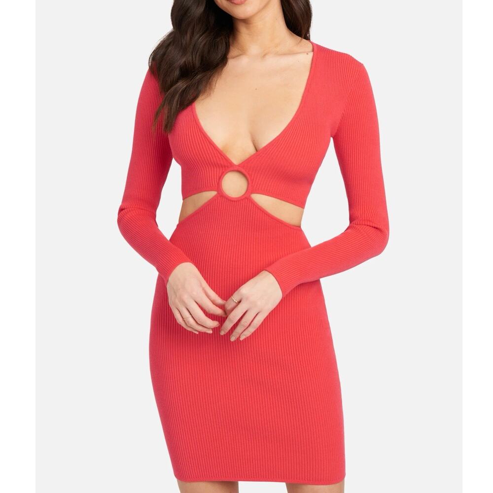 bebe Size Large Ribbed Cutout‎ Sweater Dress Long Sleeve Pink Rose V-Neck Sexy